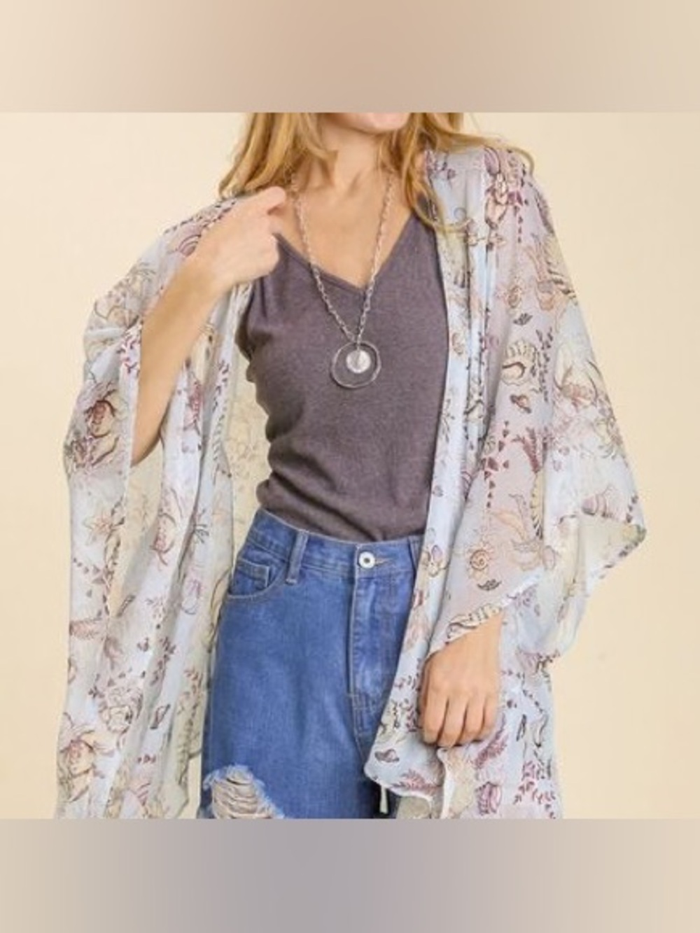 Umgee Plus Size  Floral Sheer Kimono in Light Blue, Lavender, Cream
